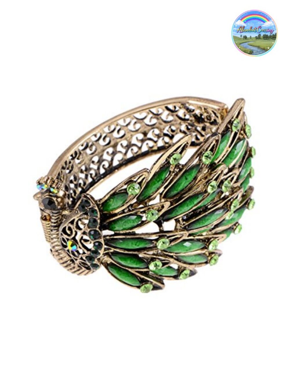 Vintage Gold Tone Peacock Cuff Bangle Bracelet Rhinestone Jewelry